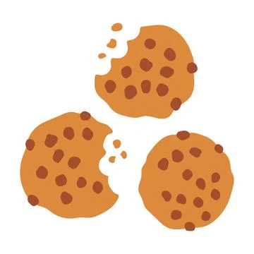 A flat vector illustration of three golden chocolate chip cookies, including two Stock Illustration