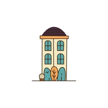 Flat vector illustration of tiny yellow cottage house with brown roof and Stock Illustration