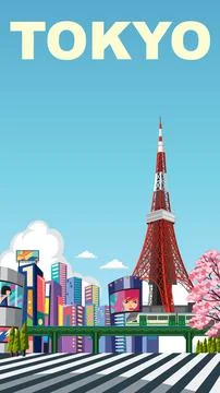 Flat Vector Illustration of Tokyo City Skyline with Landmark Tower Stock Illustration