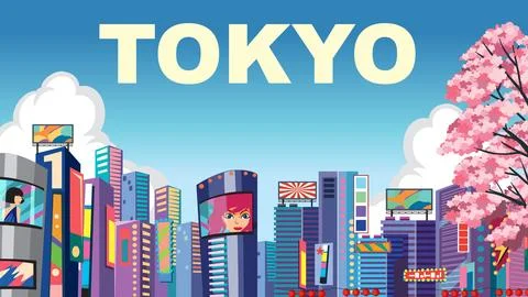 Flat Vector Illustration of Tokyo City Skyline with Cherry Blossoms Stock Illustration