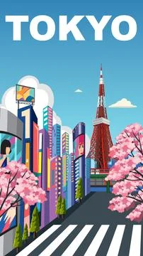 Flat Vector Illustration of Tokyo Cityscape with Tower and Cherry Blossoms Stock Illustration