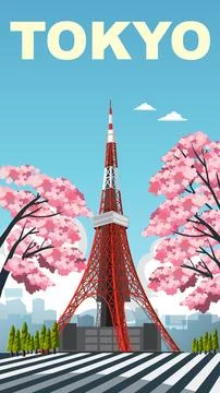 Flat Vector Illustration of Tokyo Tower Surrounded by Spring Cherry Blossoms Stock-Illustration