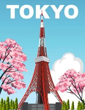 Flat Vector Illustration of Tokyo Tower with Pink Cherry Blossoms Stock-Illustration