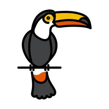 Flat vector illustration of a toucan bird with large colorful beak sitting Illustrazione stock