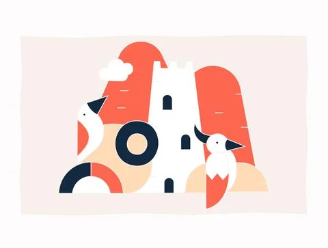 Flat vector illustration of a tower with birds Illustrazione stock