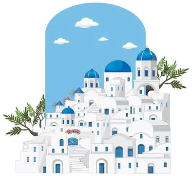 Flat vector illustration of a traditional Mediterranean hillside town with wh Stock Illustration