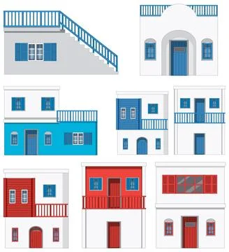Flat vector illustration of traditional Mediterranean buildings with white wa Ilustración de archivo