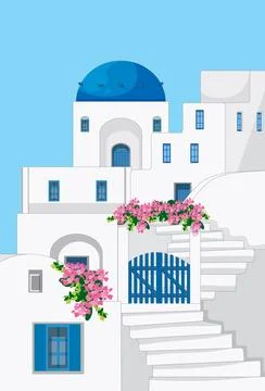Flat vector illustration of traditional white hillside architecture with blue Ilustración de archivo