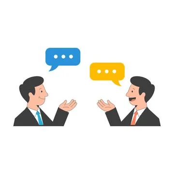 Flat vector illustration of two businessmen in suits having a dialogue with.. Stock-Illustration