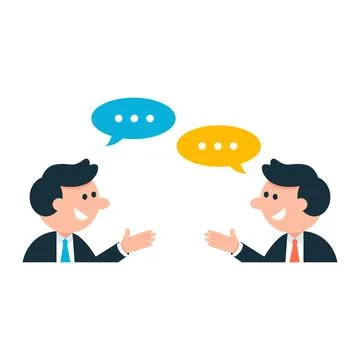 Flat vector illustration of two businessmen in suits having a dialogue with.. Stockillustratie