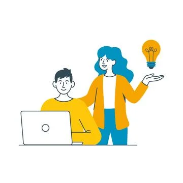 Flat vector illustration of two colleagues working at a laptop. A woman hol.. Stockillustratie