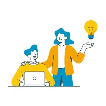Flat vector illustration of two colleagues working at a laptop. A woman hol.. Illustration