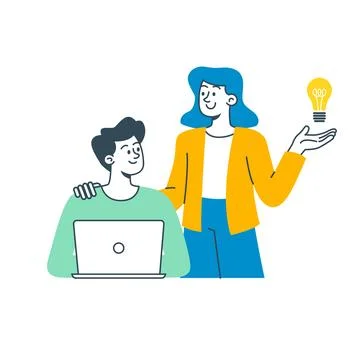 Flat vector illustration of two colleagues working at a laptop. A woman hol.. Stock-Illustration