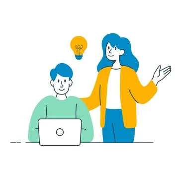 Flat vector illustration of two colleagues working at a laptop. A woman hol.. Stock Illustration