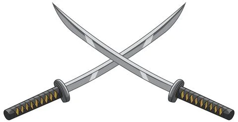 A flat vector illustration of two crossed samurai swords with black handles a Stock Illustration