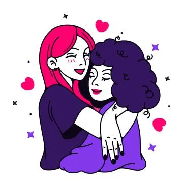 Flat vector illustration of two hugging girls. The concept of friendship and  Stock Illustration