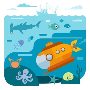 Flat vector illustration of underwater sea life. Stock Illustration