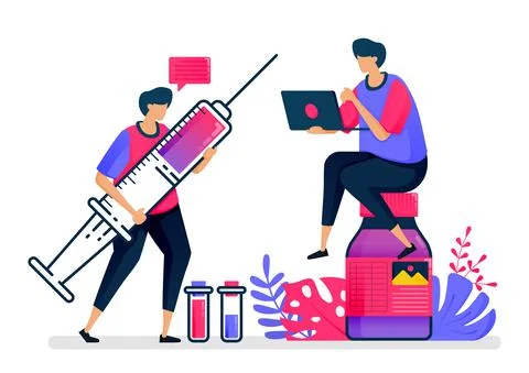 Flat vector illustration of vaccines and liquid medicines for patients, hospi Illustrazione stock