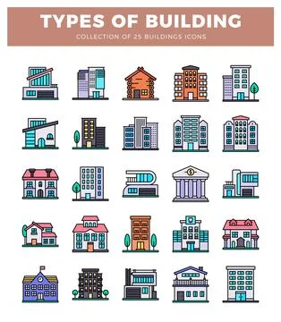 Flat vector illustration of various building types. each in a clean. modern.. Ilustración de archivo