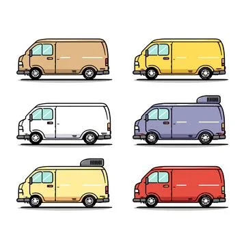 Flat vector illustration various delivery vans different colors modifications Stock Illustration