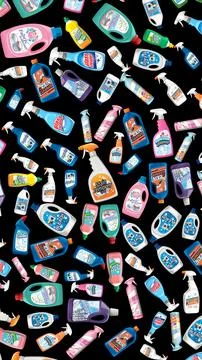 Flat Vector Illustration of Various Household Cleaning Product Bottles Stock Illustration