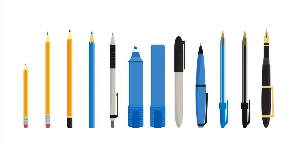 Flat vector illustration of various pens, pencils, markers and highlighters.  Stock Illustration