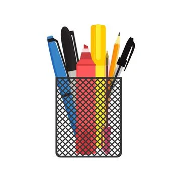 Flat vector illustration of various pens, pencils and scissors in black mesh  Stock Illustration
