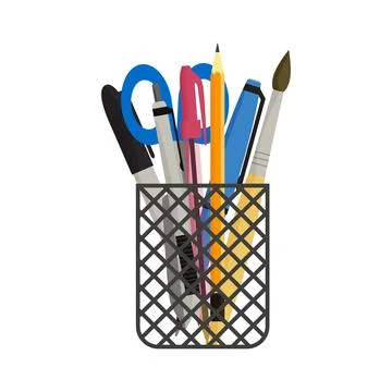 Flat vector illustration of various pens, pencils and scissors in black mesh pen Stock Illustration