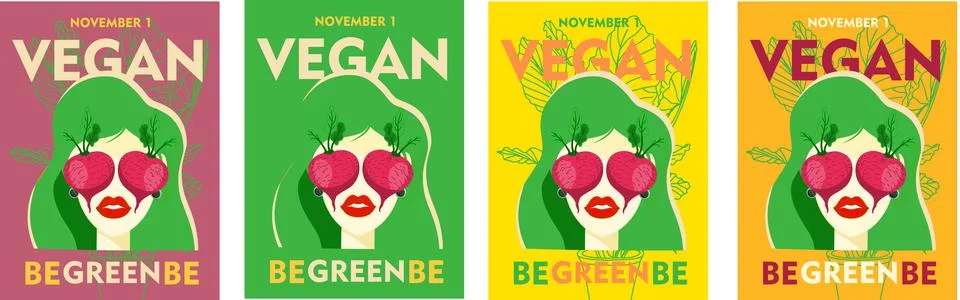 Flat vector illustration of a vegan poster with a cheerful woman for World Ve Stock Illustration