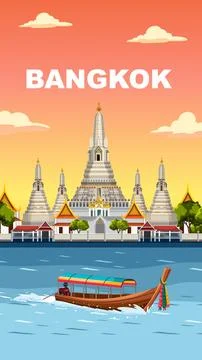 Flat vector illustration of Wat Arun temple and longtail boat on river during Stock Illustration