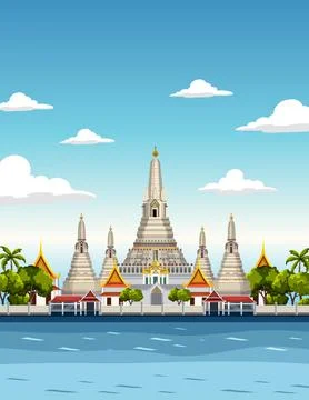 Flat Vector Illustration of Wat Arun Temple on the Chao Phraya River Stock Illustration