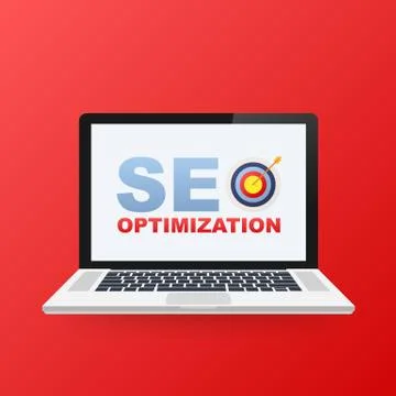 Flat vector illustration web analytics design , SEO optimization icon on lapt Stockillustratie