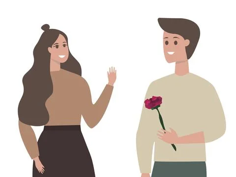 Flat vector illustration on a white background. A man gives a rose to a gir.. Ilustração Stock