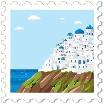Flat vector illustration of a white cliffside village with blue domes inside  Stock Illustration