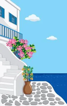 Flat vector illustration of white coastal architecture, pink flowers, and blu Stock Illustration