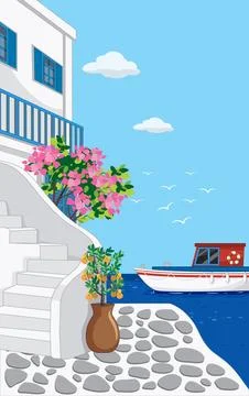 Flat vector illustration of white coastal architecture, pink flowers, and boa Stock Illustration
