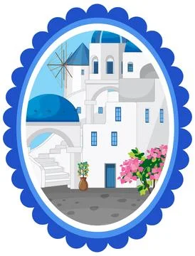 Flat vector illustration of white coastal buildings, blue domes, and pink flo Stock Illustration