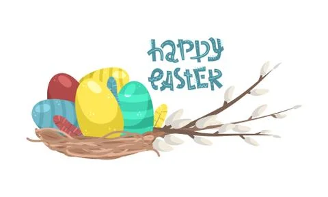 Flat vector illustration of a wicker basket with Easter eggs, willow twigs an 스톡 일러스트