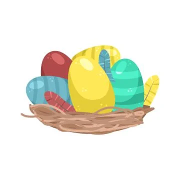 Flat vector illustration of a wicker basket with Easter eggs. Stock Illustration
