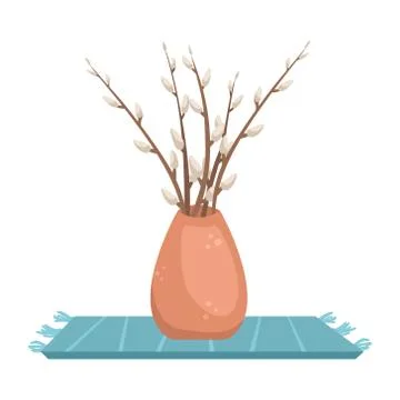 Flat vector illustration with willow branches in a vase. Illustrazione stock