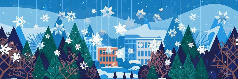 A flat vector illustration of a winter scene banner Stock Illustration