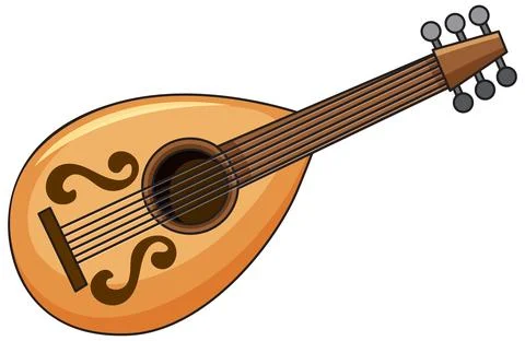 A flat vector illustration of a wooden mandolin with strings and tuning pegs Stock Illustration
