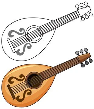 A flat vector illustration of a wooden mandolin in both colored and line art  스톡 일러스트
