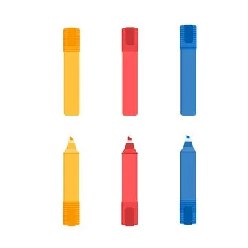 Flat vector illustration of yellow, red and blue highlighter marker pens. Iso Stock Illustration