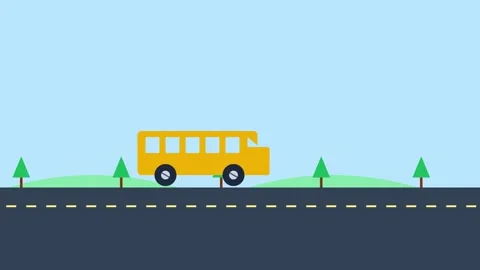 A flat vector illustration of a yellow school bus driving along a road Видео 338310130