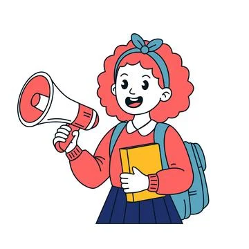 A flat vector illustration of a young girl with curly hair holding a megaph.. Stock Illustration
