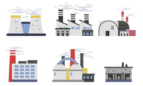 Flat Vector Illustrations Of Industrial Buildings Factories And Plants Ilustración de archivo
