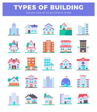 Flat vector illustrations of various building types displayed on a white ba.. Ilustración de archivo