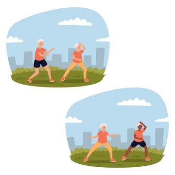 Flat vector image of a biracial couple practicing Tai Chi in a park. Tai Ch.. Ilustração Stock