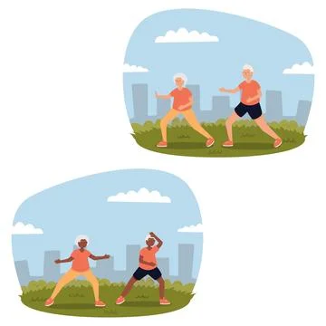 Flat vector image of a biracial couple practicing Tai Chi in a park. Tai Ch.. Ilustração Stock
